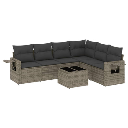 7-tlg. Garten-Sofagarnitur mit Kissen Grau Poly Rattan