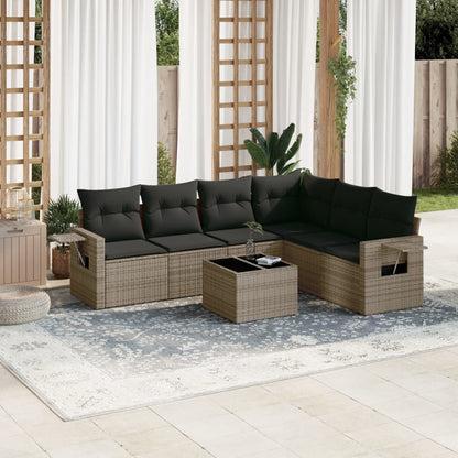 7-tlg. Garten-Sofagarnitur mit Kissen Grau Poly Rattan