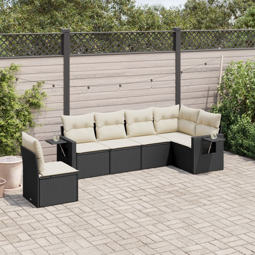 6-tlg. Garten-Sofagarnitur mit Kissen Schwarz Poly Rattan