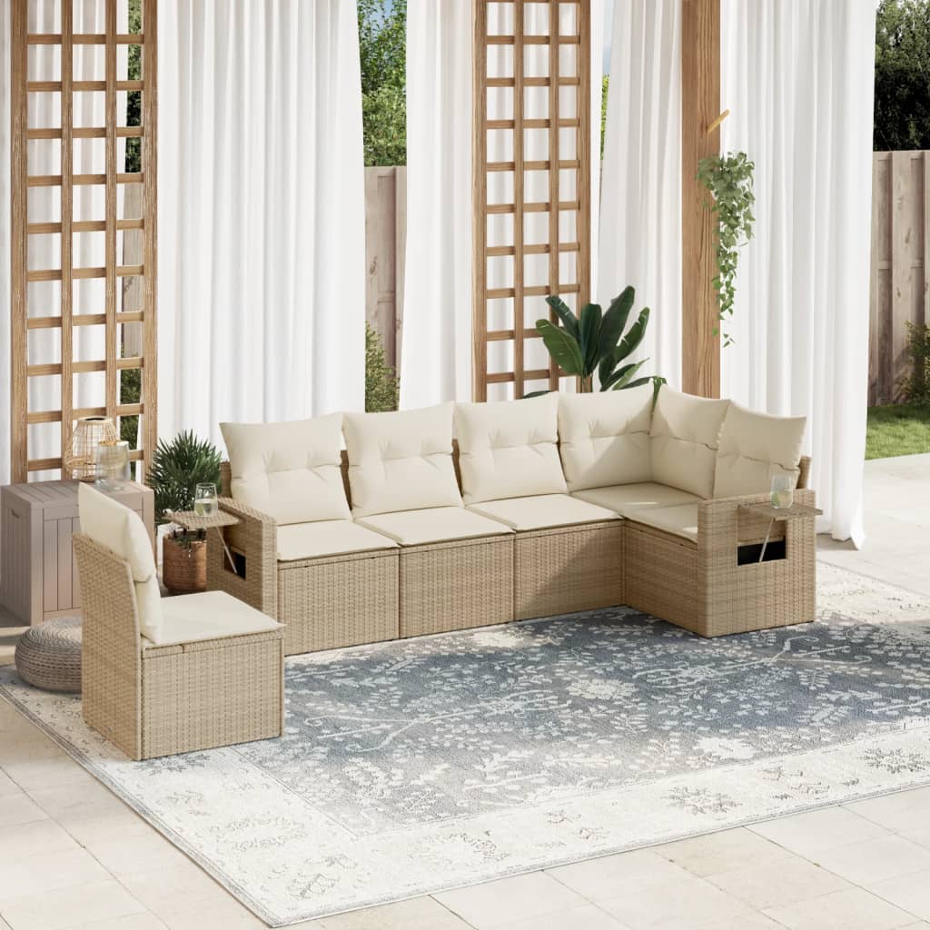 6-tlg. Garten-Sofagarnitur mit Kissen Beige Poly Rattan