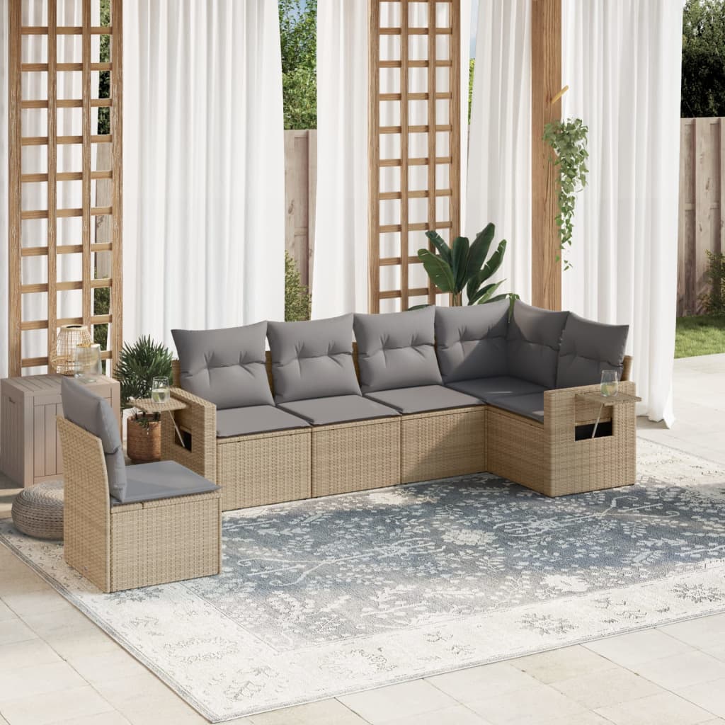 6-tlg. Garten-Sofagarnitur mit Kissen Beige Poly Rattan