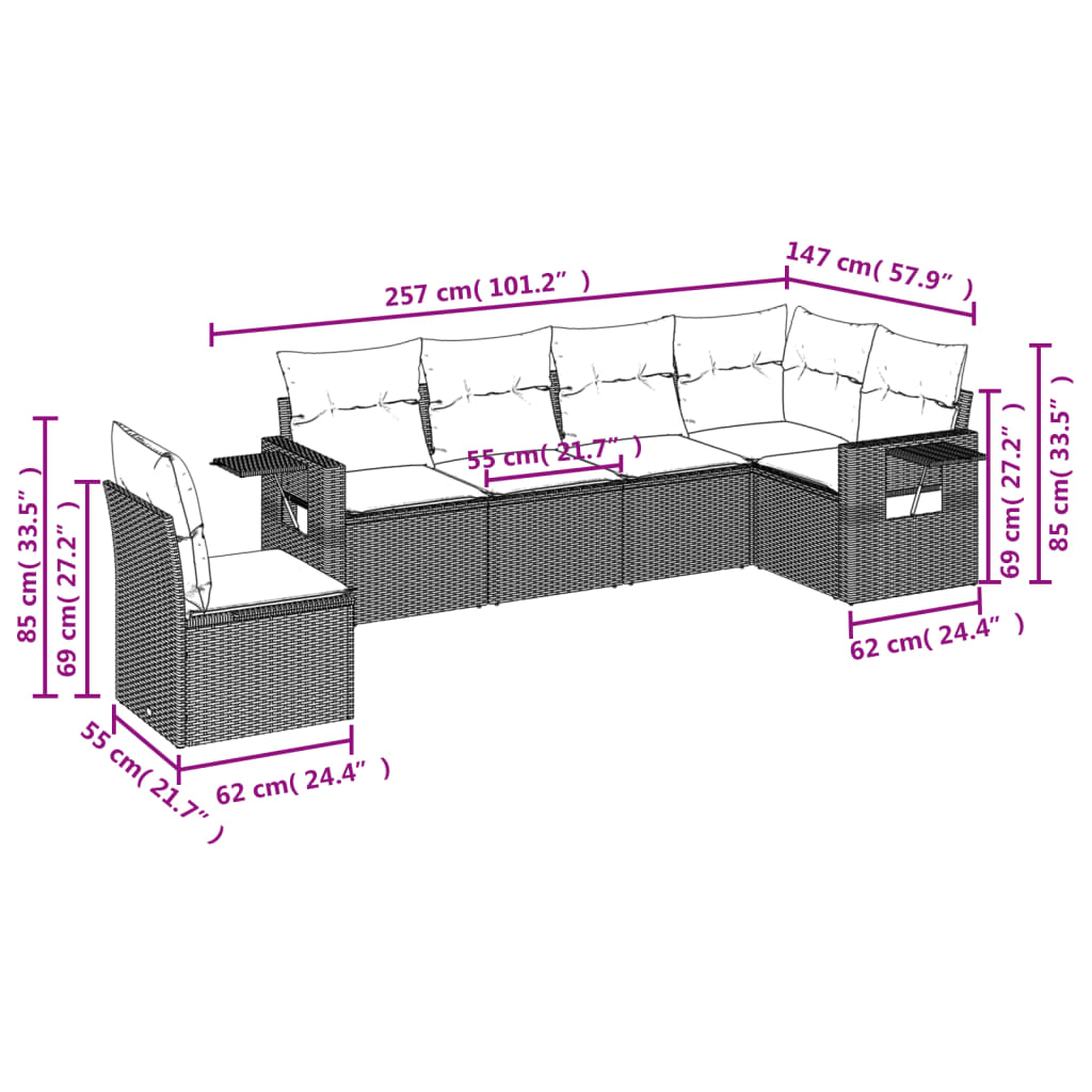 6-tlg. Garten-Sofagarnitur mit Kissen Braun Poly Rattan