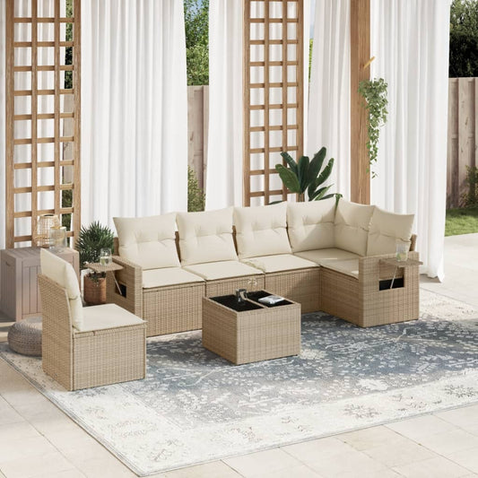 7-tlg. Garten-Sofagarnitur mit Kissen Beige Poly Rattan