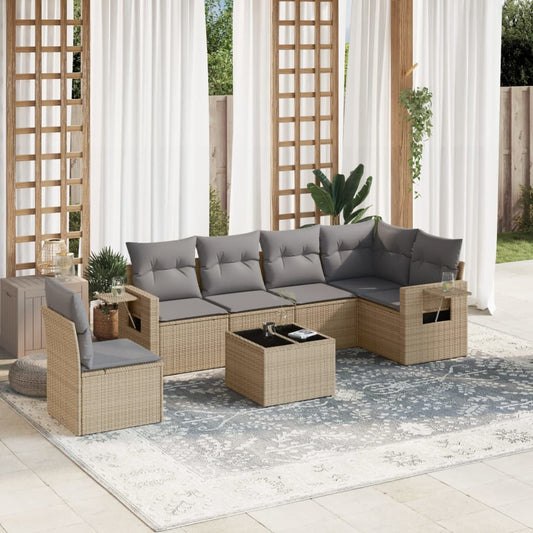 7-tlg. Garten-Sofagarnitur mit Kissen Beige Poly Rattan