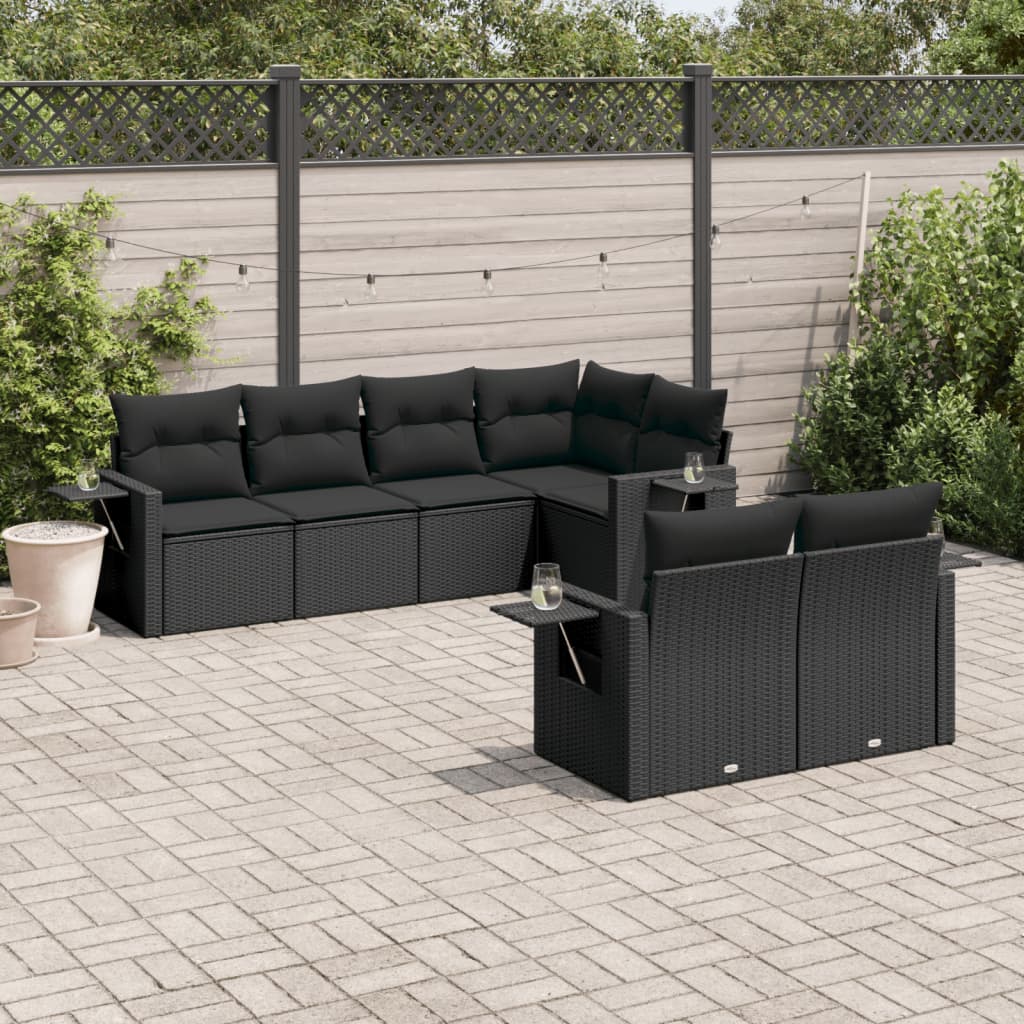 7-tlg. Garten-Sofagarnitur mit Kissen Schwarz Poly Rattan