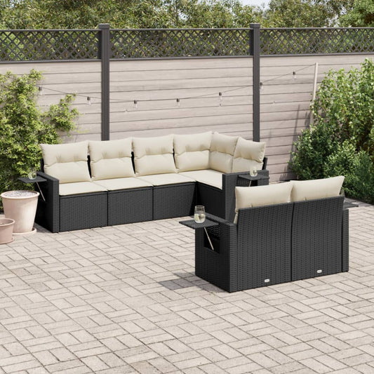 7-tlg. Garten-Sofagarnitur mit Kissen Schwarz Poly Rattan