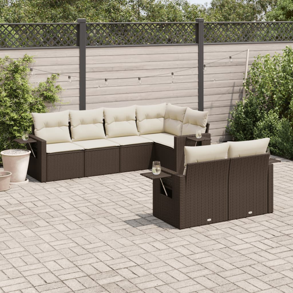 7-tlg. Garten-Sofagarnitur mit Kissen Braun Poly Rattan