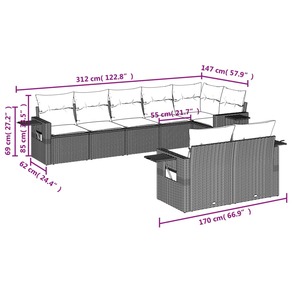 8-tlg. Garten-Sofagarnitur mit Kissen Grau Poly Rattan