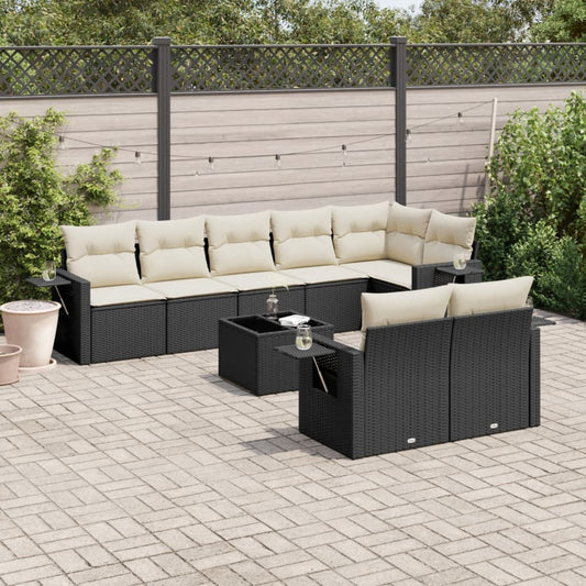 9-tlg. Garten-Sofagarnitur mit Kissen Schwarz Poly Rattan