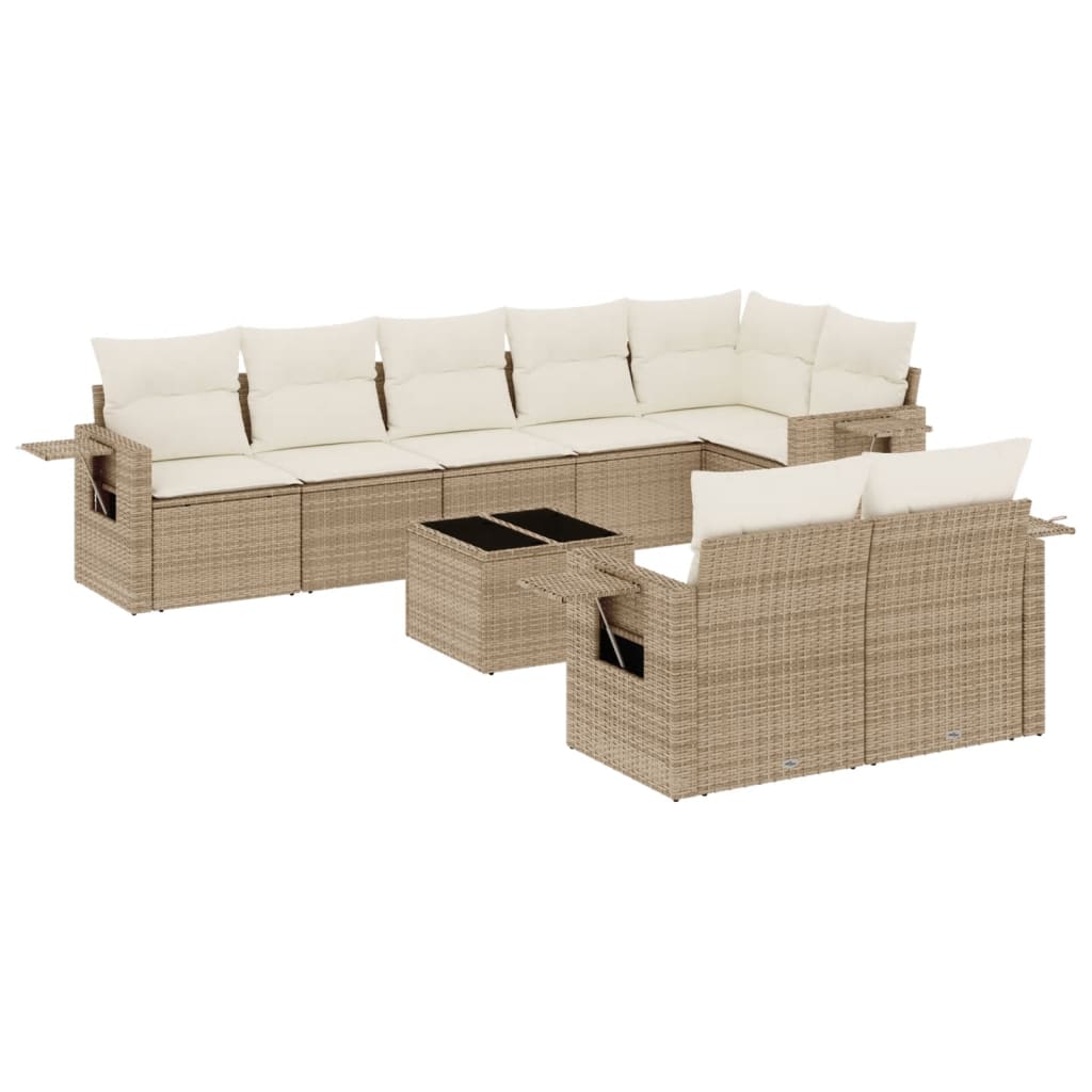 9-tlg. Garten-Sofagarnitur mit Kissen Beige Poly Rattan