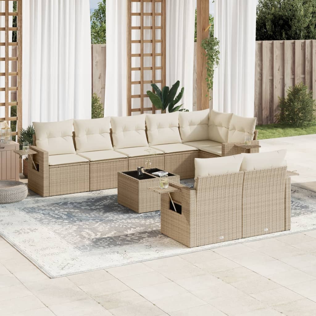 9-tlg. Garten-Sofagarnitur mit Kissen Beige Poly Rattan