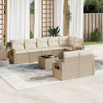 9-tlg. Garten-Sofagarnitur mit Kissen Beige Poly Rattan