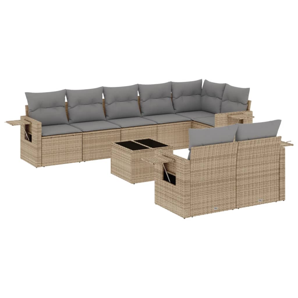 9-tlg. Garten-Sofagarnitur mit Kissen Beige Poly Rattan