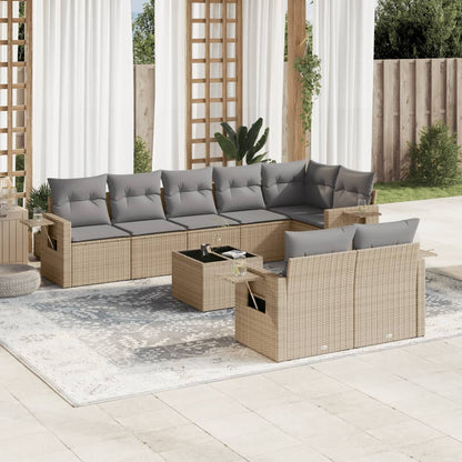 9-tlg. Garten-Sofagarnitur mit Kissen Beige Poly Rattan