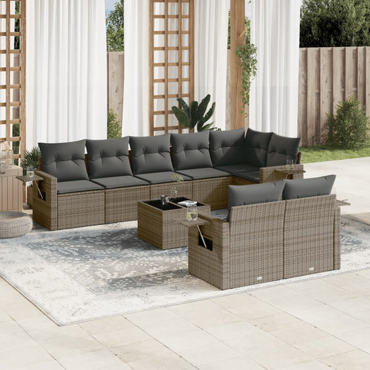 9-tlg. Garten-Sofagarnitur mit Kissen Grau Poly Rattan