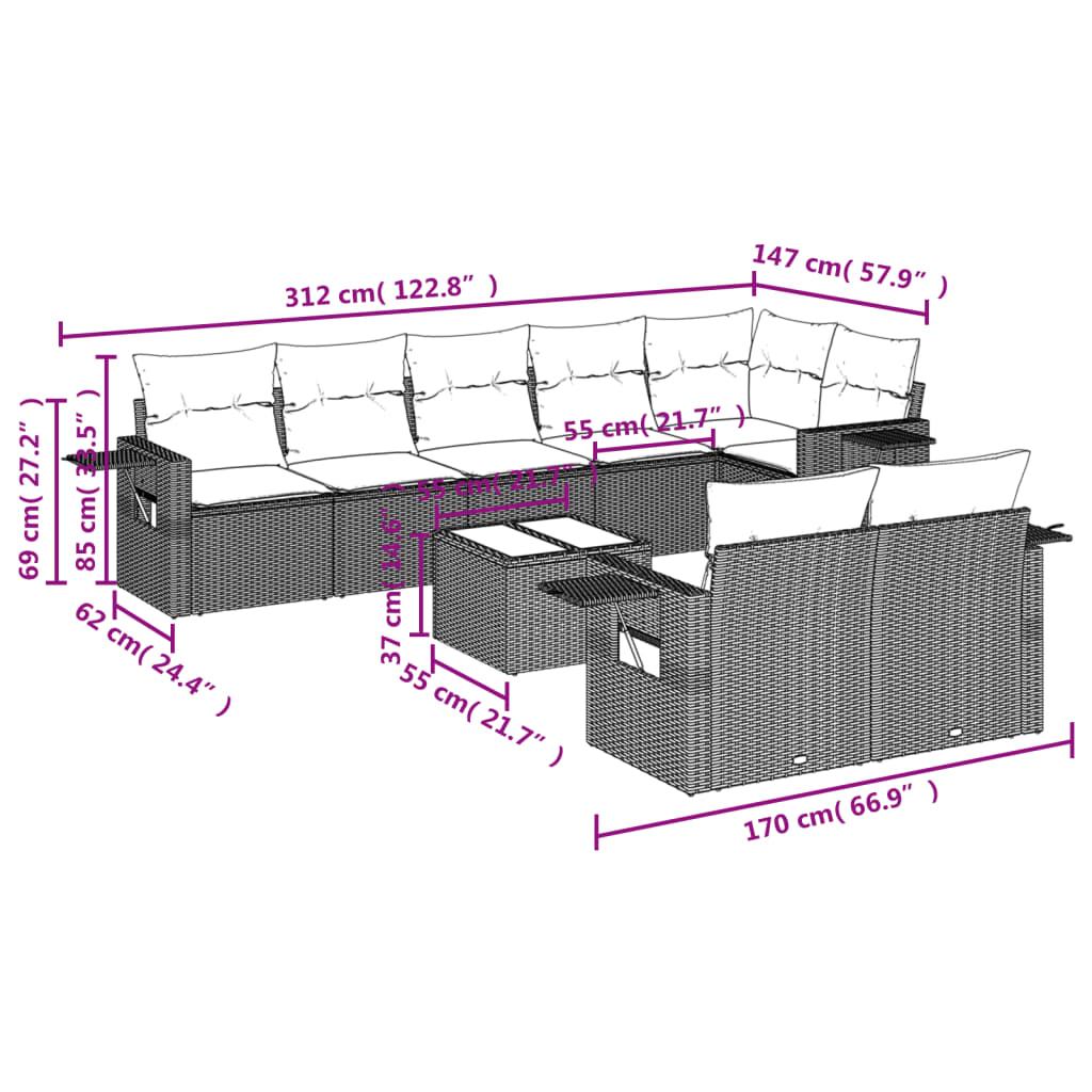 9-tlg. Garten-Sofagarnitur mit Kissen Hellgrau Poly Rattan