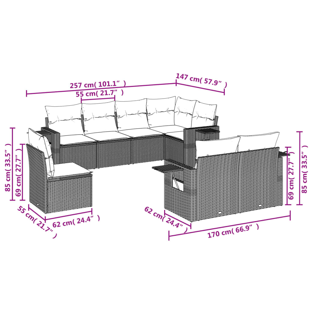 8-tlg. Garten-Sofagarnitur mit Kissen Hellgrau Poly Rattan