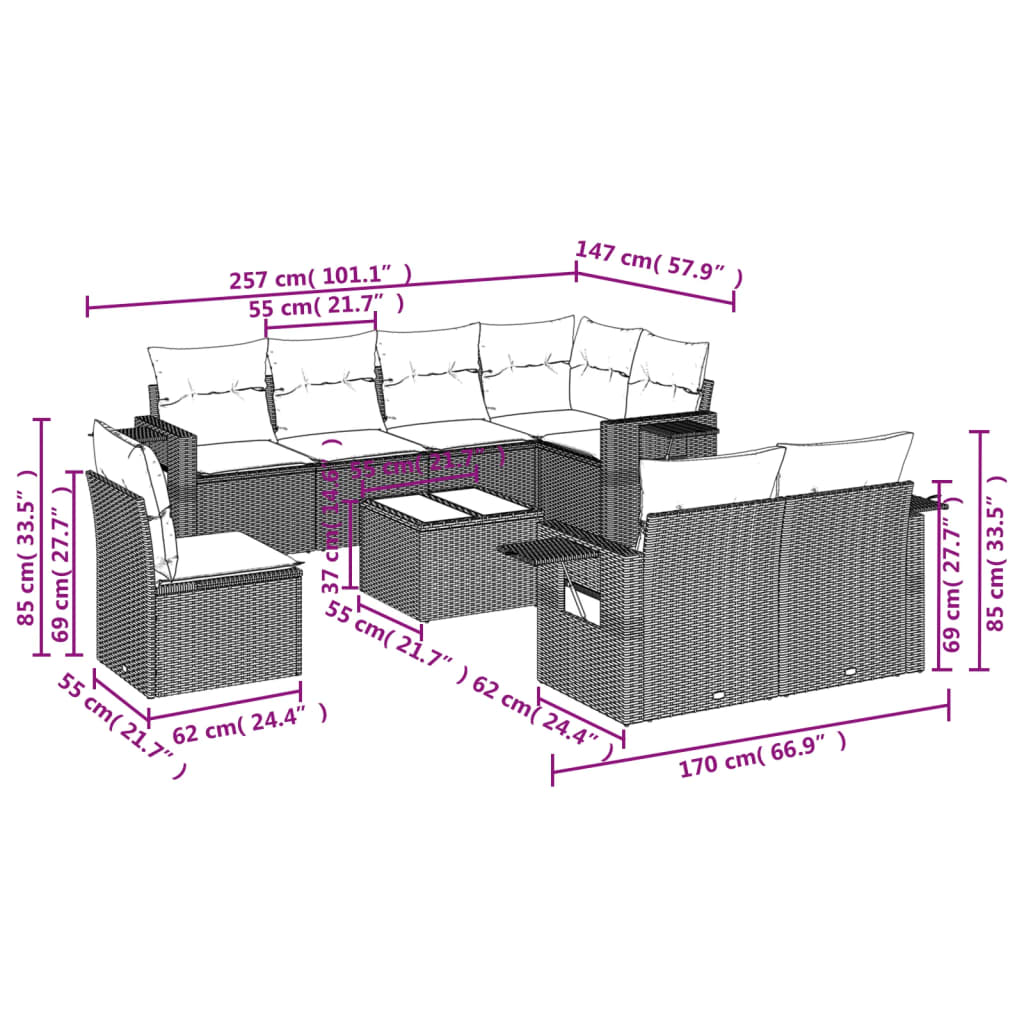 9-tlg. Garten-Sofagarnitur mit Kissen Schwarz Poly Rattan