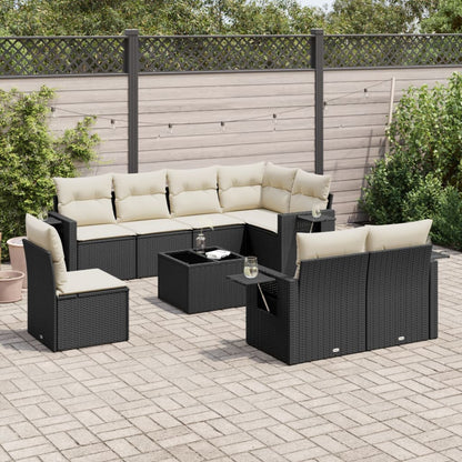 9-tlg. Garten-Sofagarnitur mit Kissen Schwarz Poly Rattan