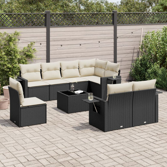 9-tlg. Garten-Sofagarnitur mit Kissen Schwarz Poly Rattan