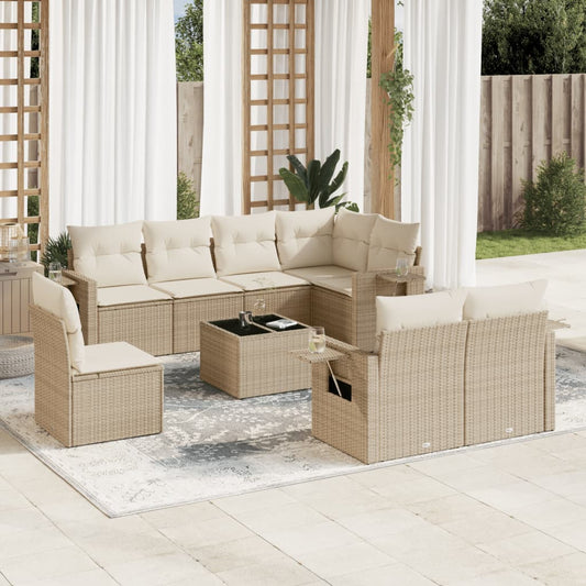 9-tlg. Garten-Sofagarnitur mit Kissen Beige Poly Rattan