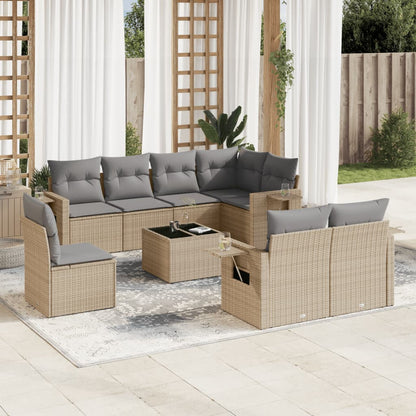 9-tlg. Garten-Sofagarnitur mit Kissen Beige Poly Rattan