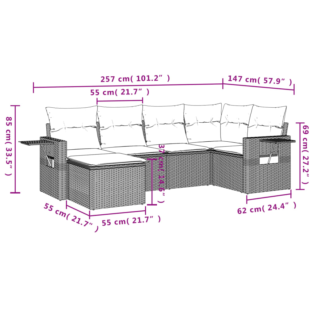 6-tlg. Garten-Sofagarnitur mit Kissen Beige Poly Rattan