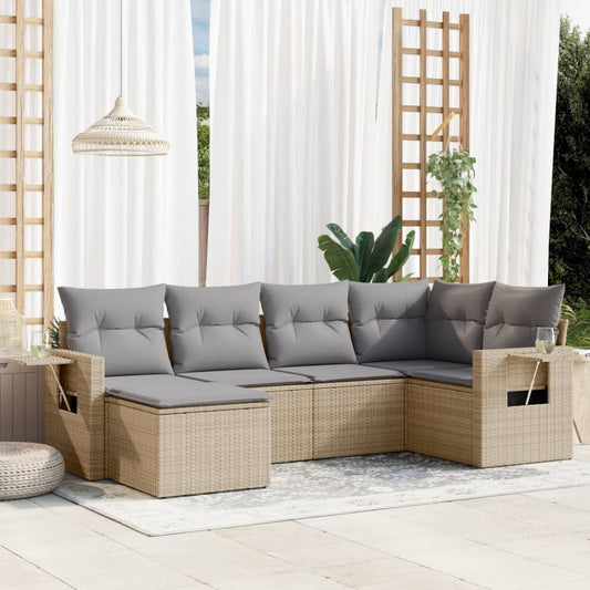 6-tlg. Garten-Sofagarnitur mit Kissen Beige Poly Rattan