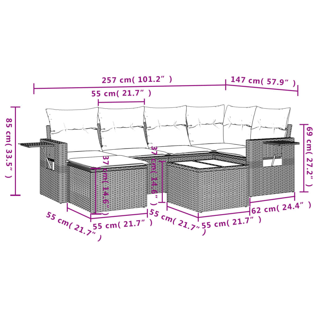 7-tlg. Garten-Sofagarnitur mit Kissen Schwarz Poly Rattan