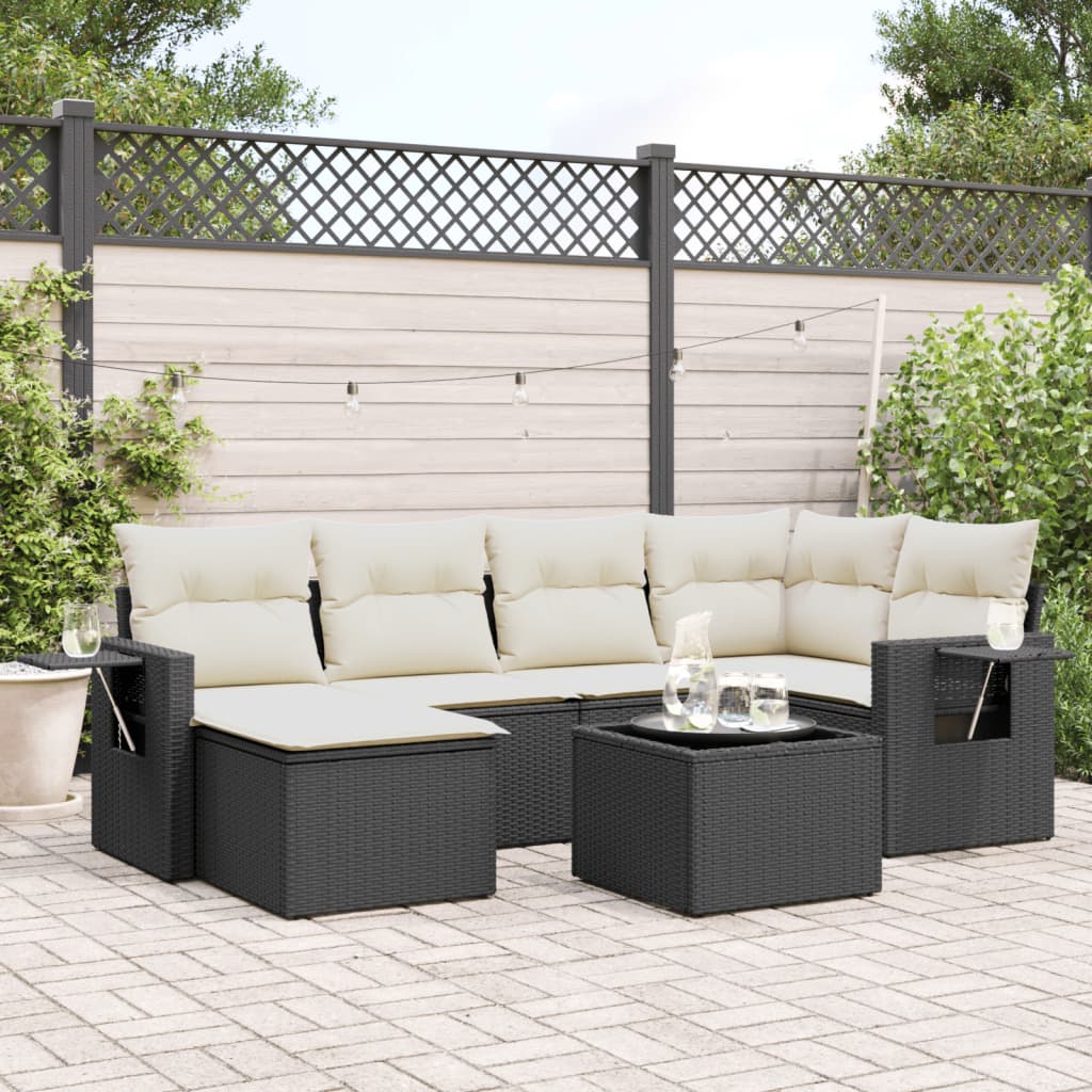 7-tlg. Garten-Sofagarnitur mit Kissen Schwarz Poly Rattan