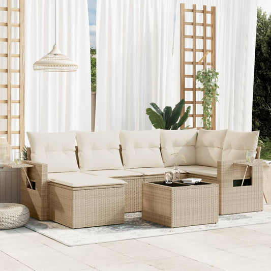 7-tlg. Garten-Sofagarnitur mit Kissen Beige Poly Rattan