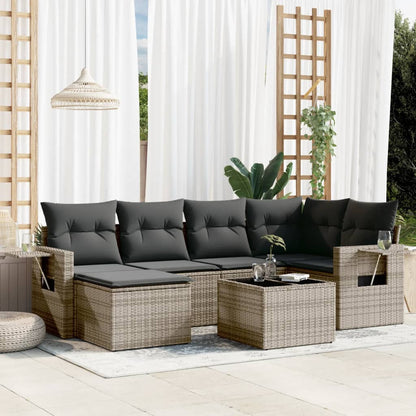 7-tlg. Garten-Sofagarnitur mit Kissen Grau Poly Rattan