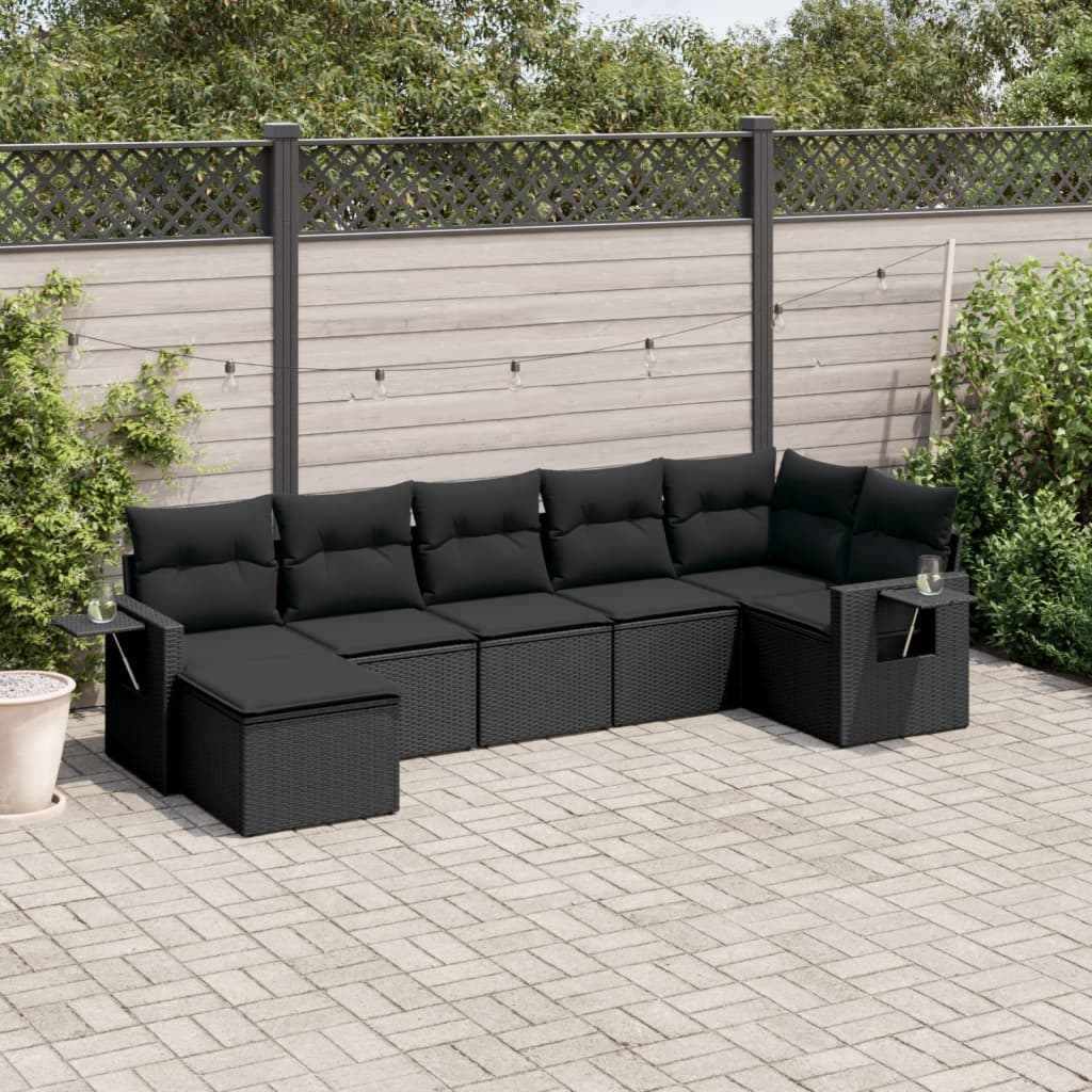 7-tlg. Garten-Sofagarnitur mit Kissen Schwarz Poly Rattan