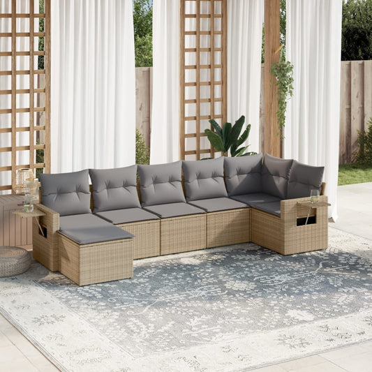 7-tlg. Garten-Sofagarnitur mit Kissen Beige Poly Rattan