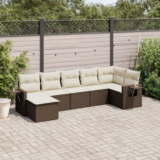 7-tlg. Garten-Sofagarnitur mit Kissen Braun Poly Rattan