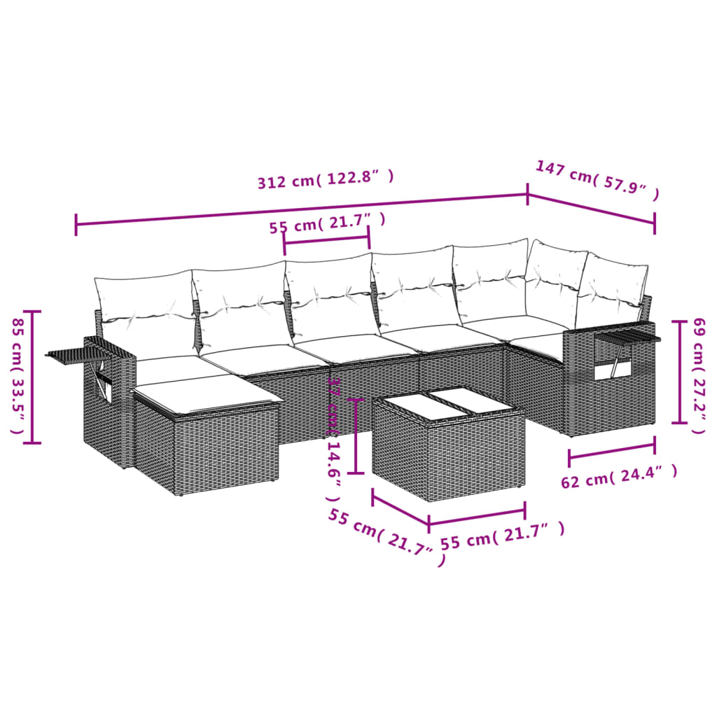 8-tlg. Garten-Sofagarnitur mit Kissen Schwarz Poly Rattan