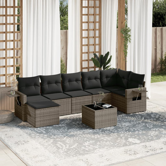 8-tlg. Garten-Sofagarnitur mit Kissen Grau Poly Rattan