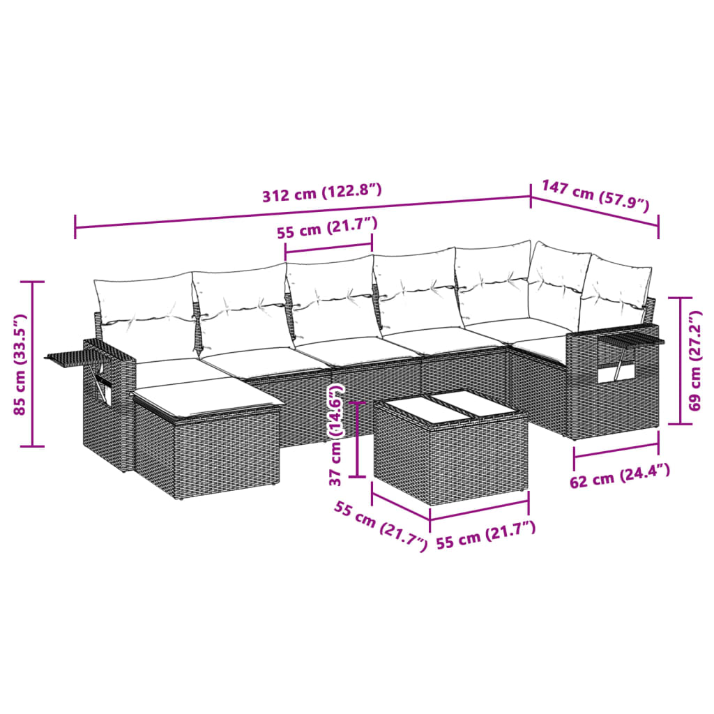 8-tlg. Garten-Sofagarnitur mit Kissen Hellgrau Poly Rattan