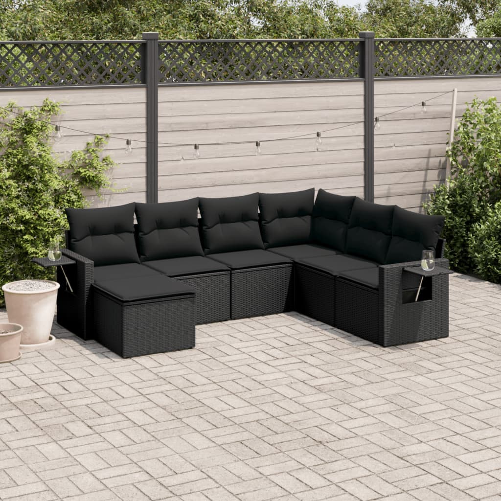 7-tlg. Garten-Sofagarnitur mit Kissen Schwarz Poly Rattan