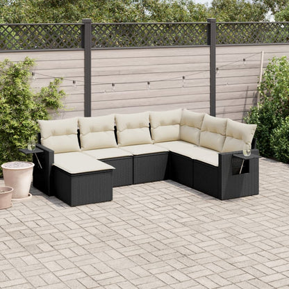 7-tlg. Garten-Sofagarnitur mit Kissen Schwarz Poly Rattan