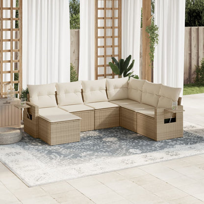 7-tlg. Garten-Sofagarnitur mit Kissen Beige Poly Rattan