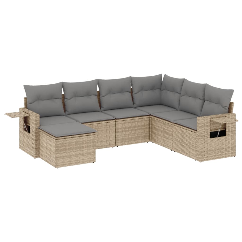 7-tlg. Garten-Sofagarnitur mit Kissen Beige Poly Rattan