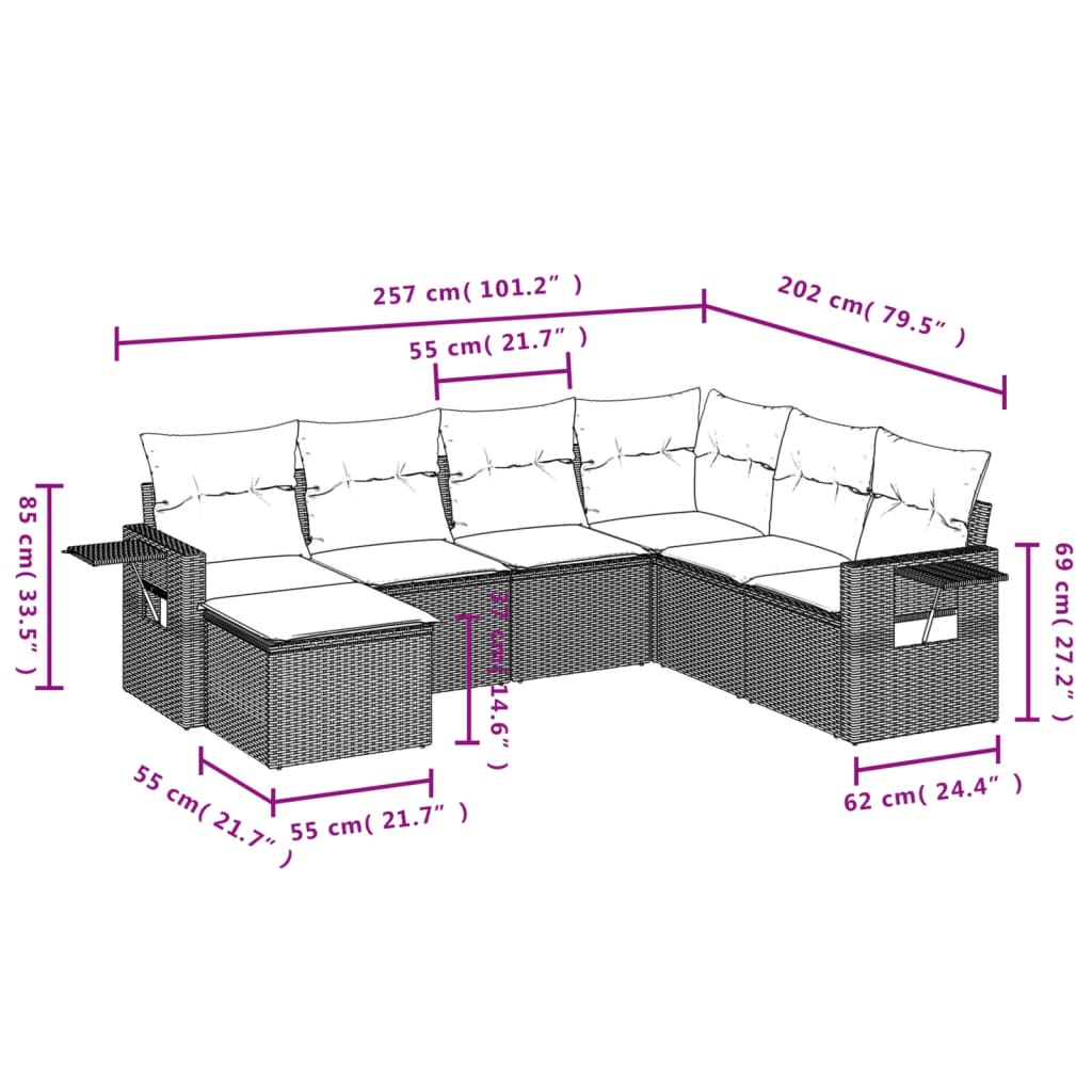 7-tlg. Garten-Sofagarnitur mit Kissen Grau Poly Rattan