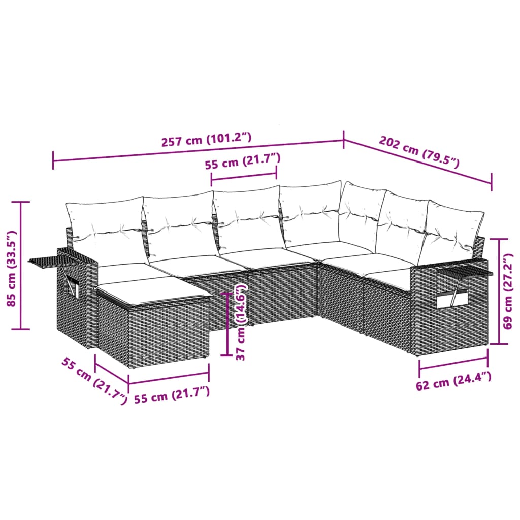 7-tlg. Garten-Sofagarnitur mit Kissen Hellgrau Poly Rattan