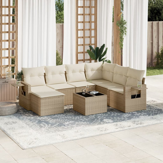 8-tlg. Garten-Sofagarnitur mit Kissen Beige Poly Rattan