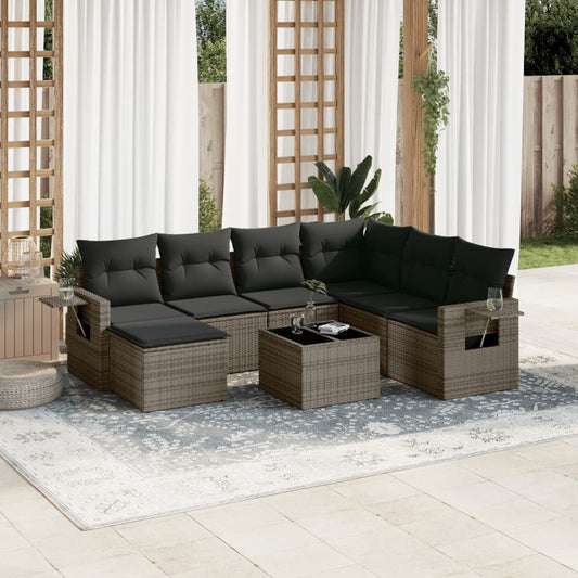 8-tlg. Garten-Sofagarnitur mit Kissen Grau Poly Rattan