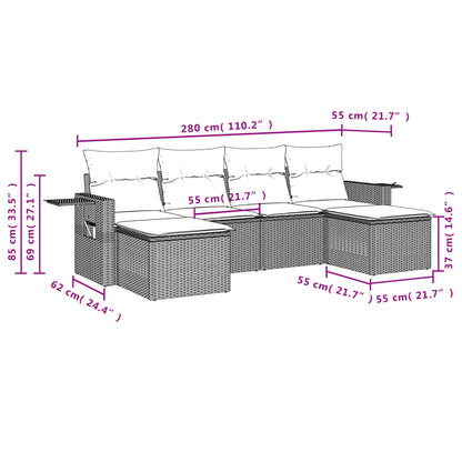 6-tlg. Garten-Sofagarnitur mit Kissen Schwarz Poly Rattan