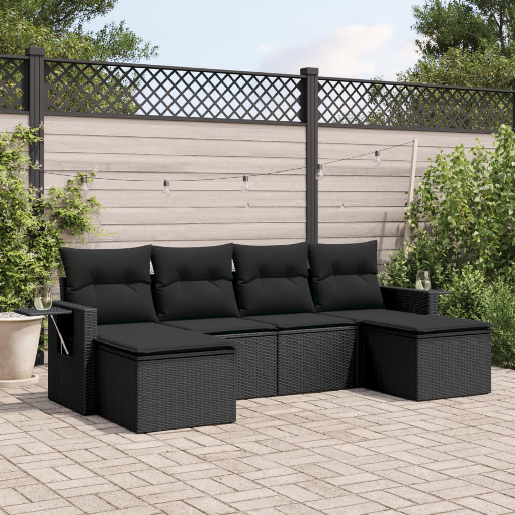 6-tlg. Garten-Sofagarnitur mit Kissen Schwarz Poly Rattan