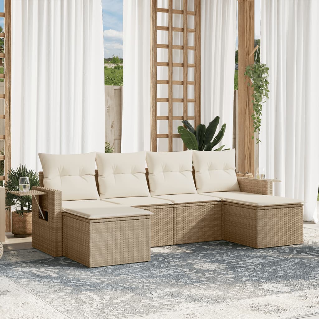 6-tlg. Garten-Sofagarnitur mit Kissen Beige Poly Rattan