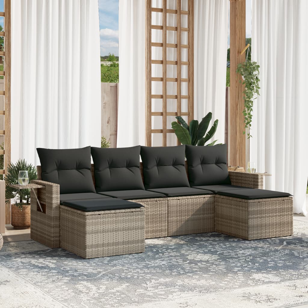 6-tlg. Garten-Sofagarnitur mit Kissen Hellgrau Poly Rattan